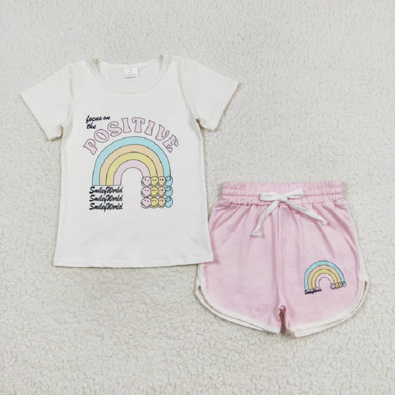 Match Baby Girls Positive Rainbow Shirts Top Ruffle Shorts Clothes Sets  D 5.26