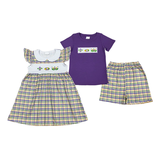 Sibling Baby Boys Girls Embroidery Anchors Donuts Masks Plaid Dress Mardi Gras Set