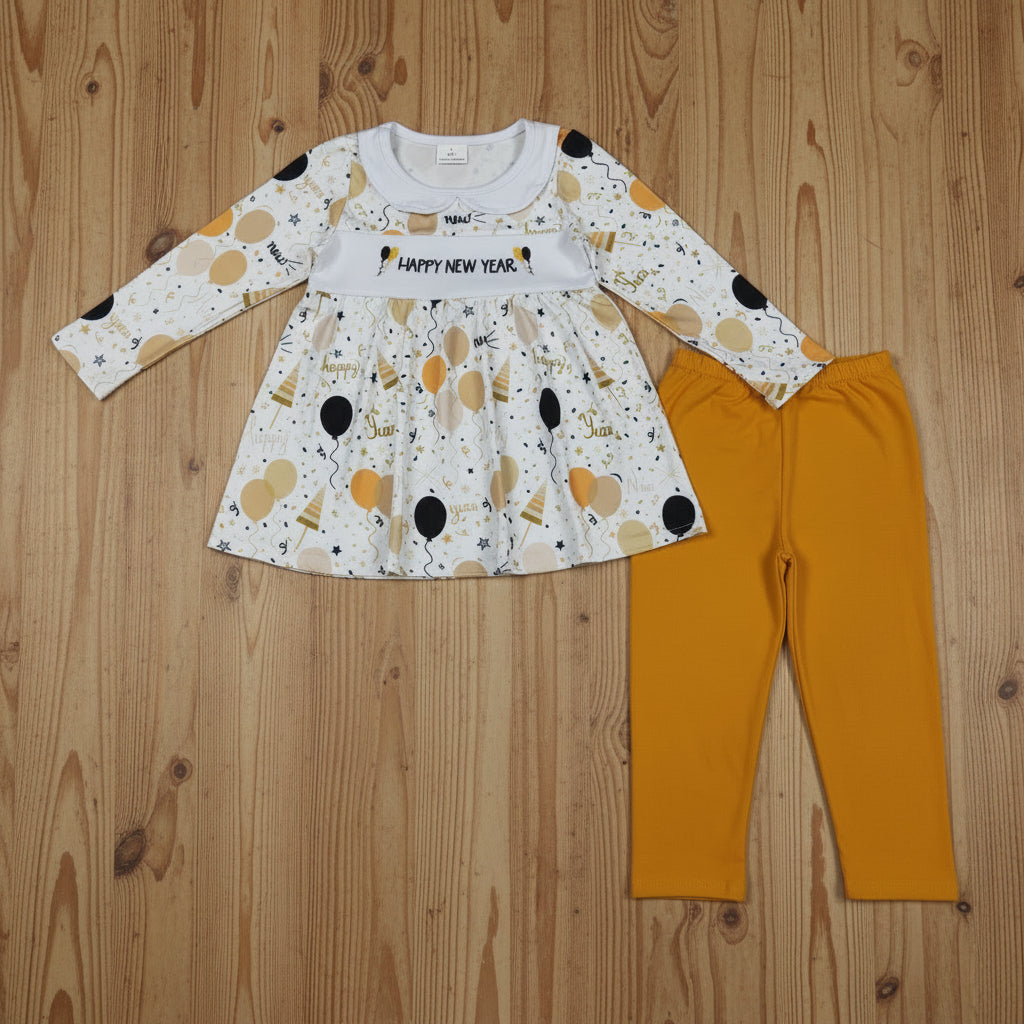 embroidery gold black balloon happy new year girl outfit