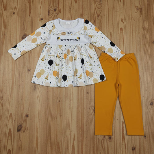 embroidery gold black balloon happy new year girl outfit