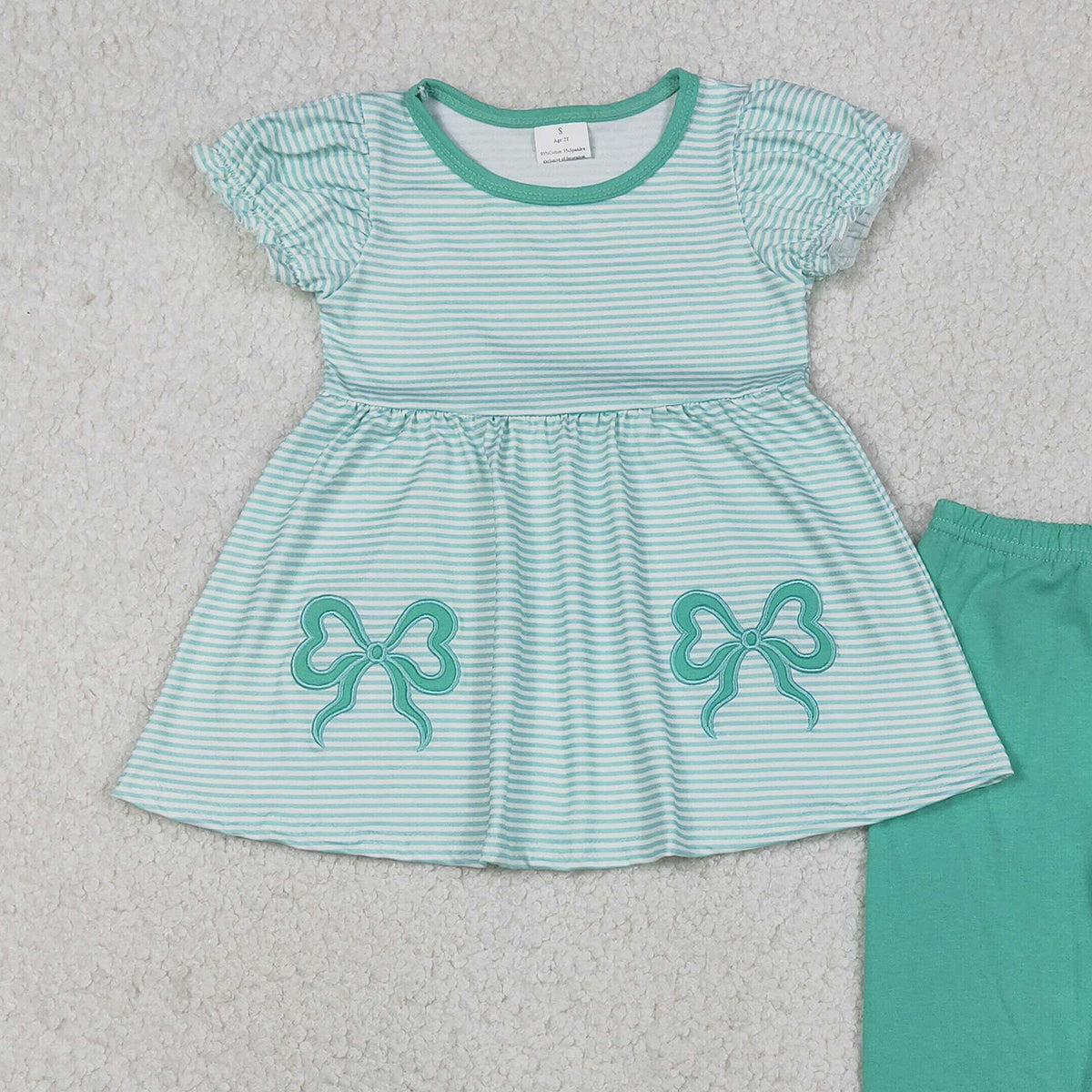 Baby Girls Embroidery Bows Aqua Stripe Tunic Leggings Pant Clothes Sets Cute Toddler Outfit