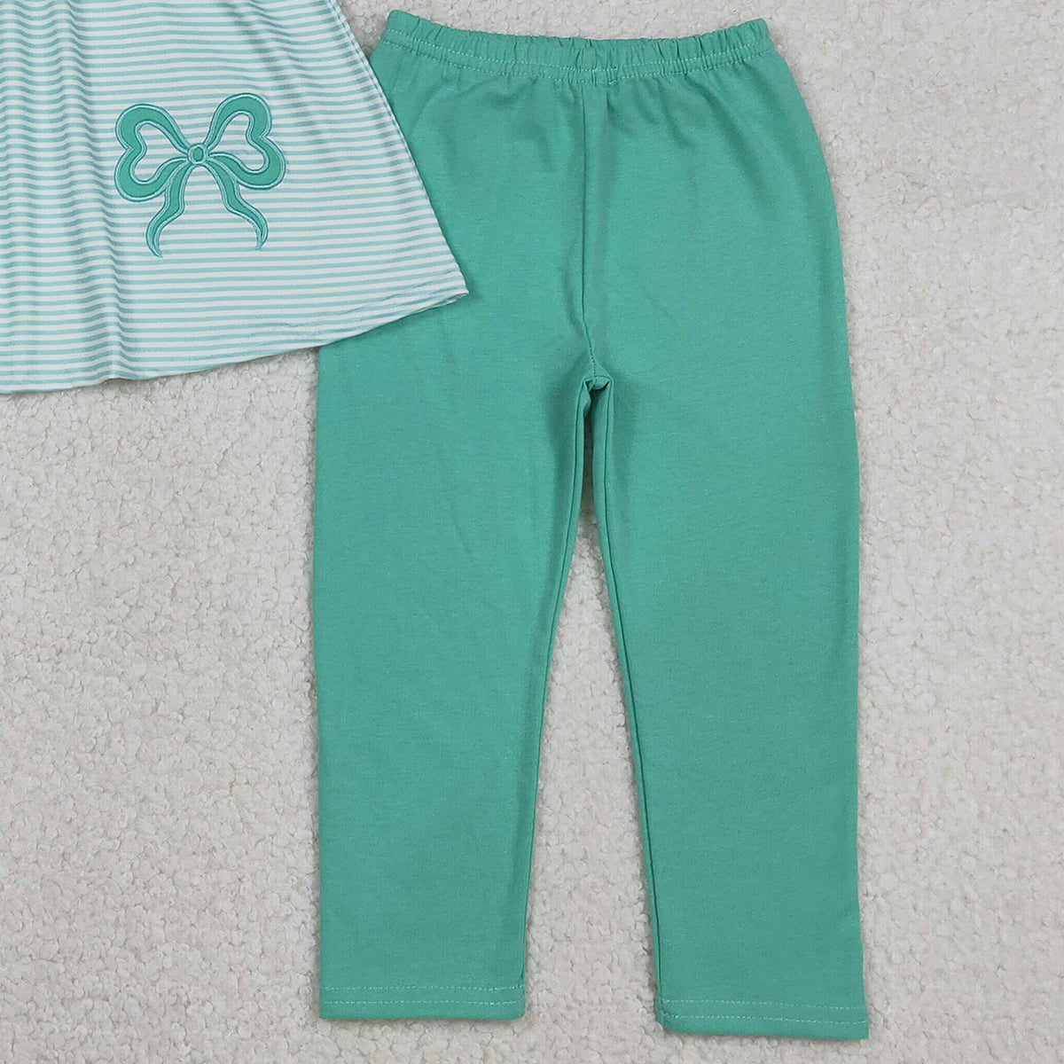 Baby Girls Embroidery Bows Aqua Stripe Tunic Leggings Pant Clothes Sets Cute Toddler Outfit