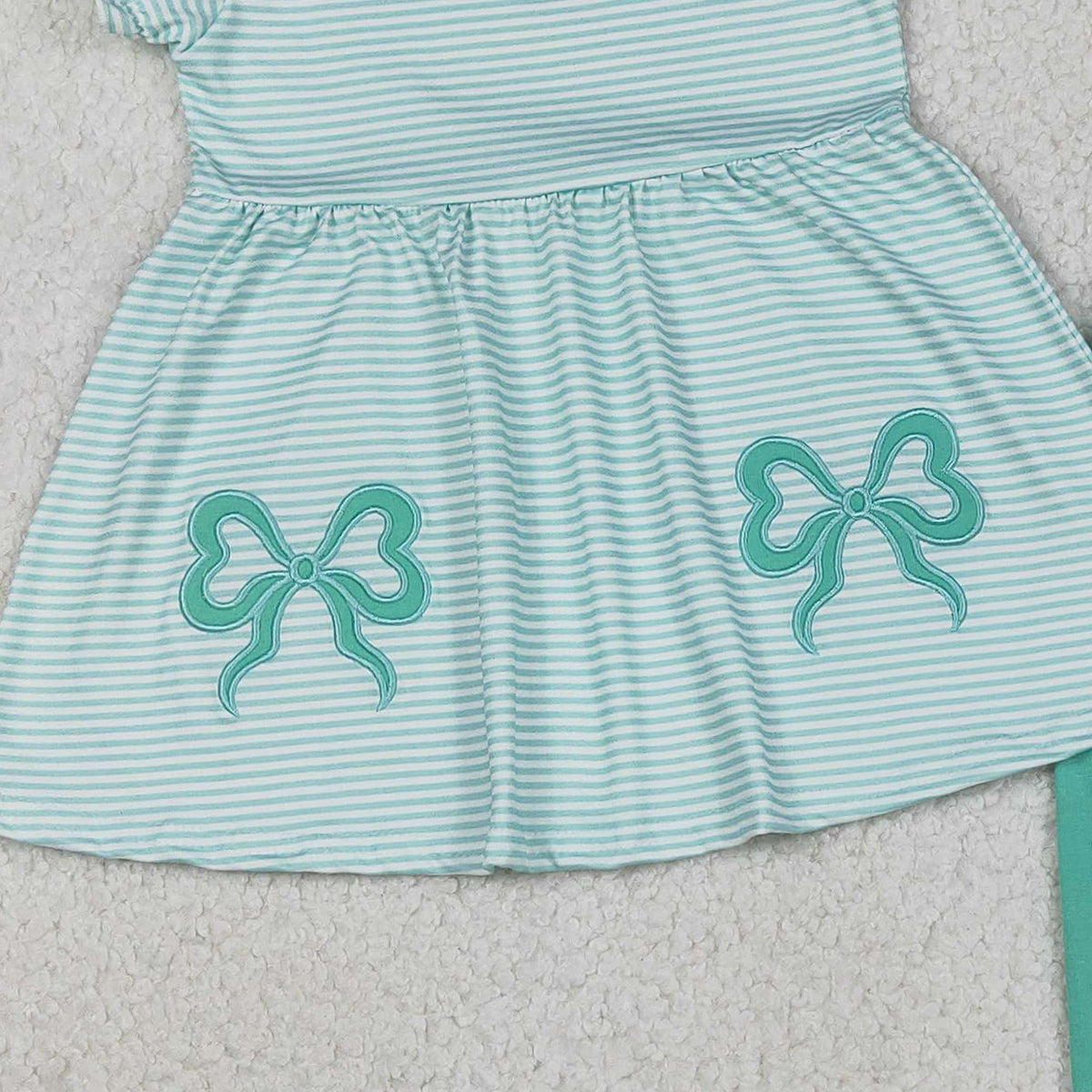 Baby Girls Embroidery Bows Aqua Stripe Tunic Leggings Pant Clothes Sets Cute Toddler Outfit
