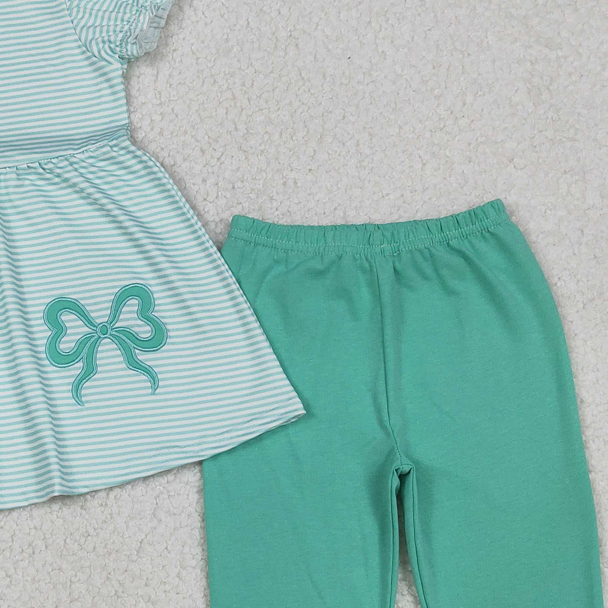 Baby Girls Embroidery Bows Aqua Stripe Tunic Leggings Pant Clothes Sets Cute Toddler Outfit