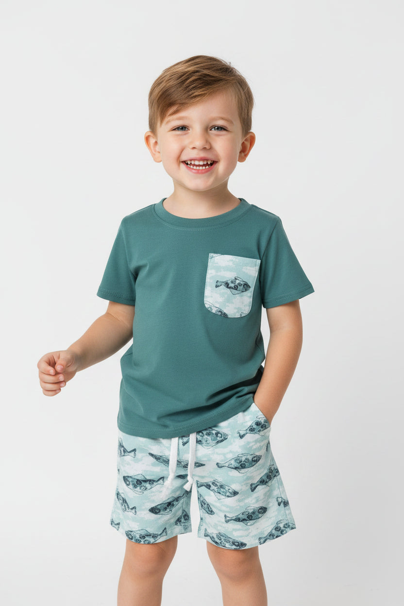 fish print shorts set summer boy clothing