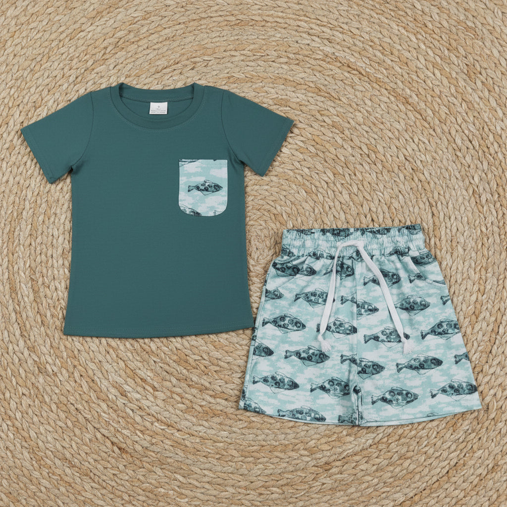 fish print shorts set summer boy clothing