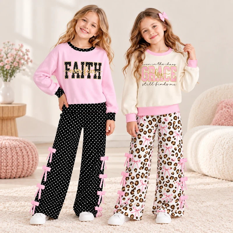 MOQ 5one items TAT 7-8weeks 95%cotton 5%spandex fath wide leg girls outfit