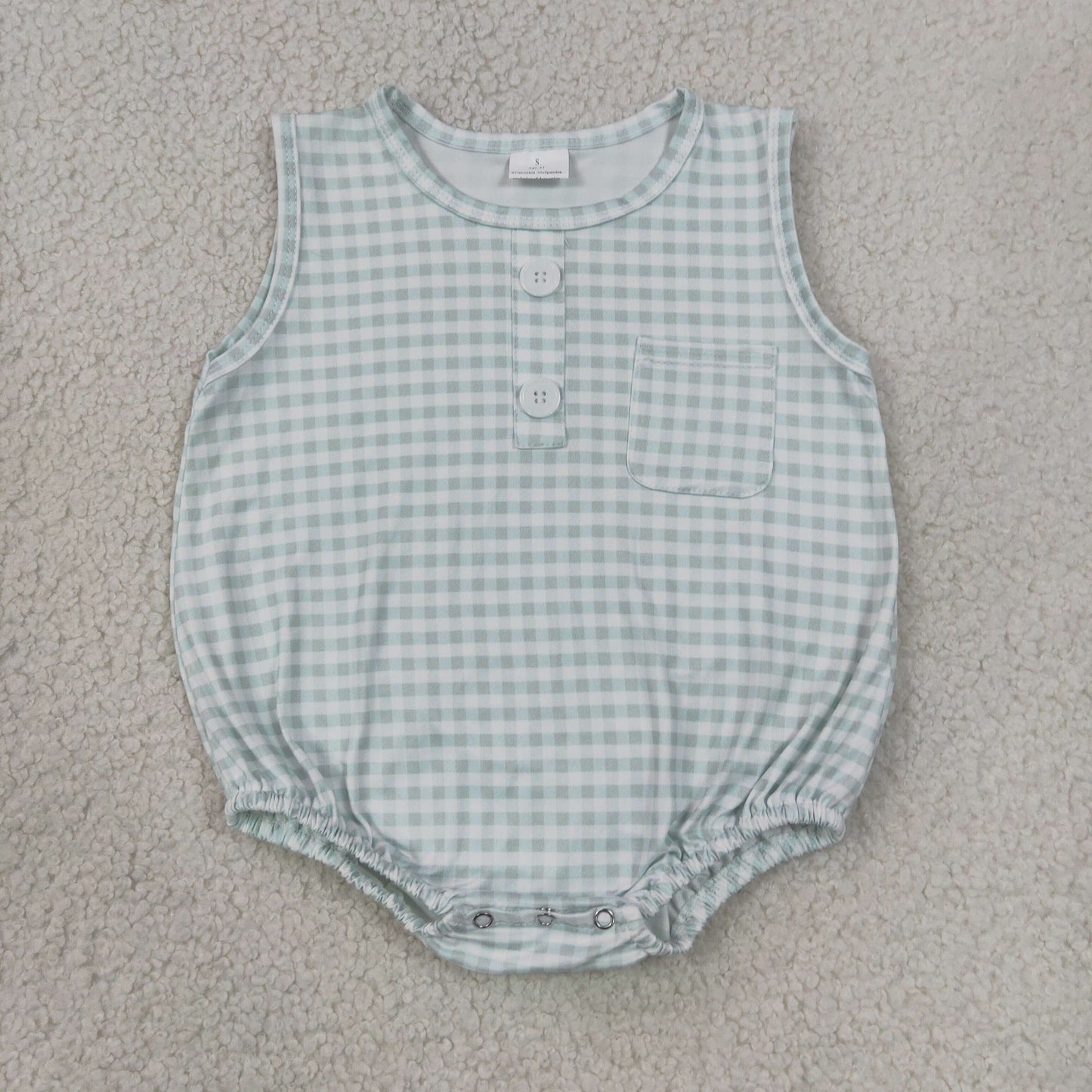 SR4234 sleeveless gingham bubble romper with pocket baby boy clothes