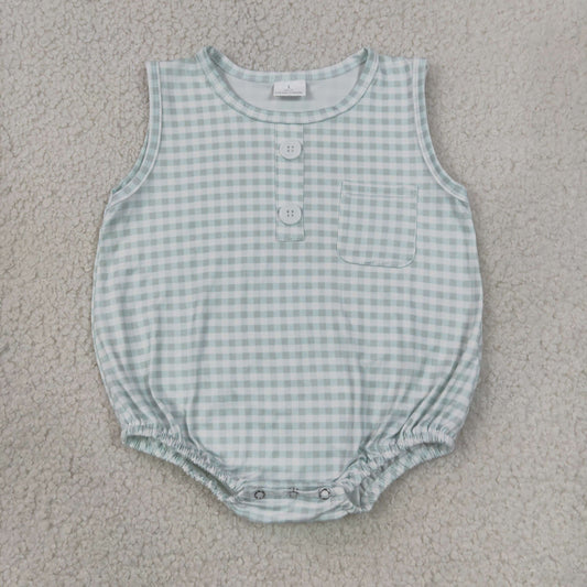 SR4234 sleeveless gingham bubble romper with pocket baby boy clothes