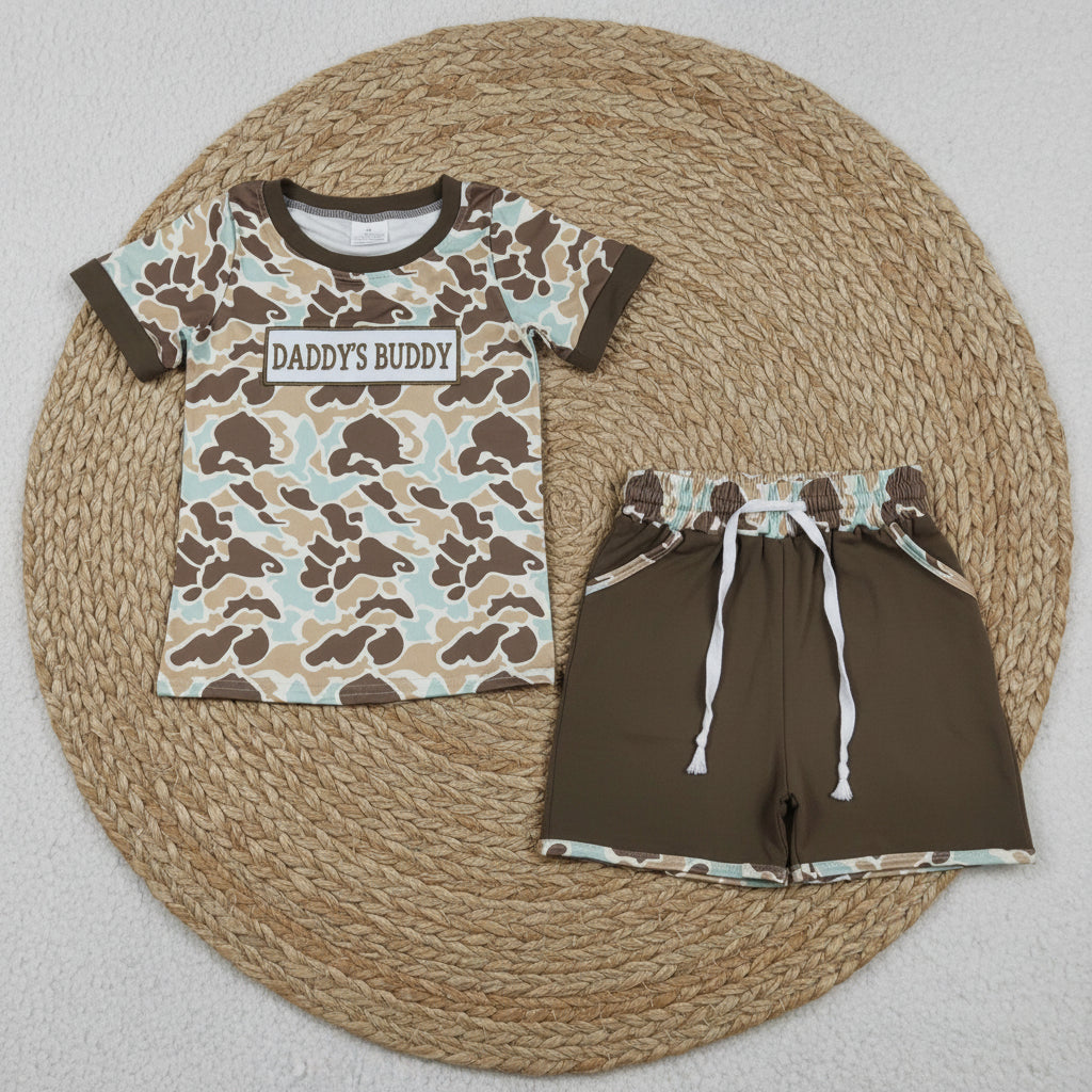 daddy's buddy embroidery camo shorts set