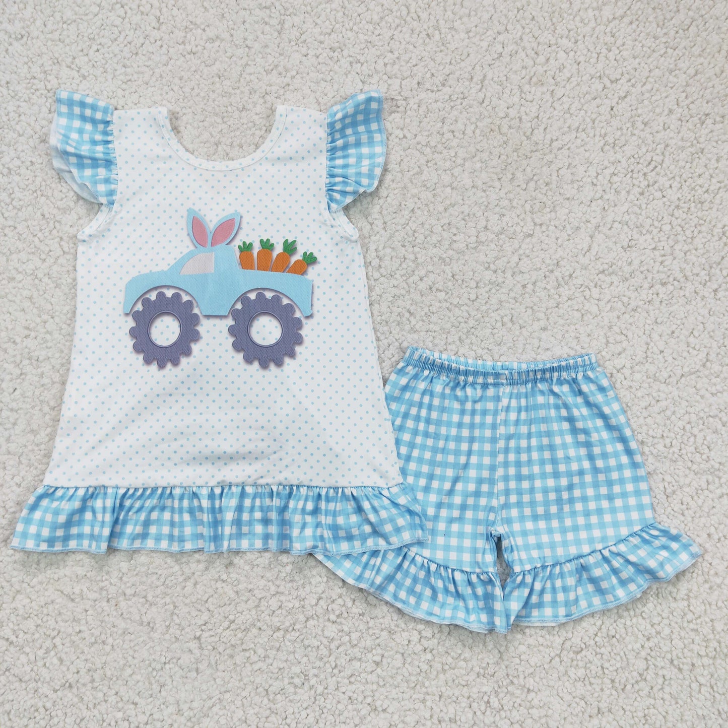 girl easter outfit blue plaid shorts set carrot truck