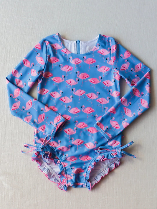 preorder S0375 Flamingo Blue Zip Long Sleeve One Piece Swimsuit
