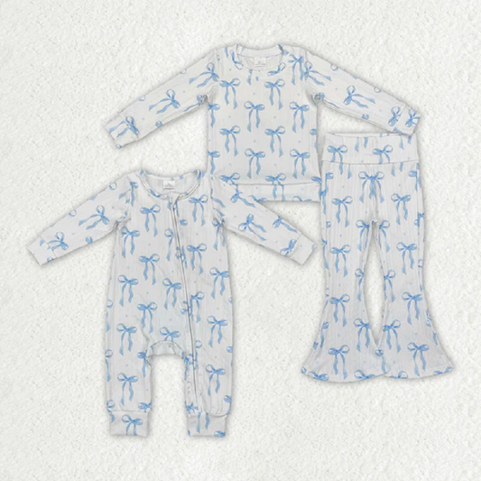 Match Baby Girls Blue Bows Cable Print Rompers Pajamas Suits