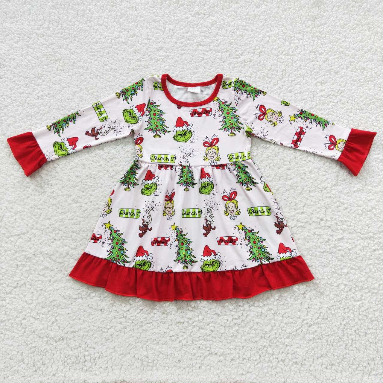 GLD0235 Girls grinch Christmas tree pink lace long sleeve dress