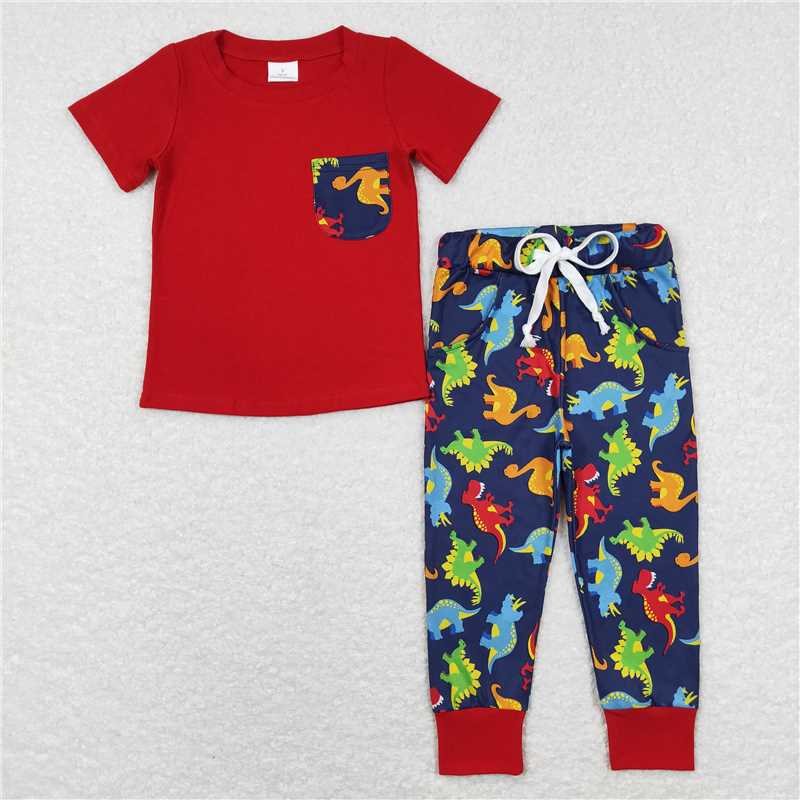 Match Brother Baby Boys Dinosaurs Pocket Tee Tops Pants Clothes Sets