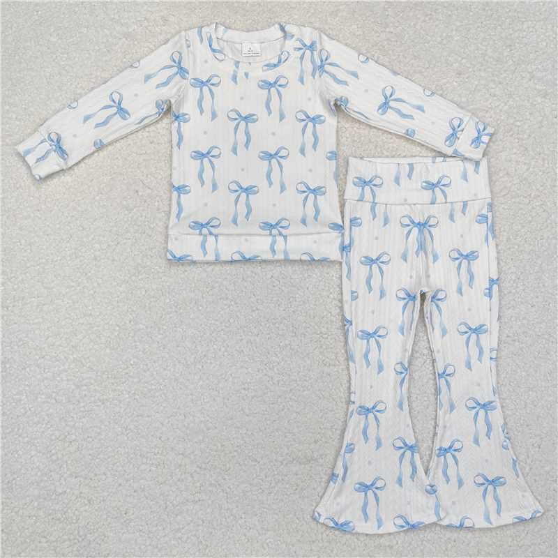 Match Baby Girls Blue Bows Cable Print Rompers Pajamas Suits