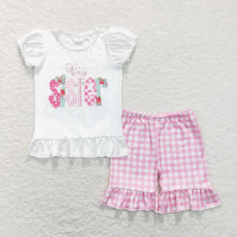 Match Baby Girls Little Big Sister Tee Shirts Ruffle Plaid Shorts Clothes Sets  D 5.26