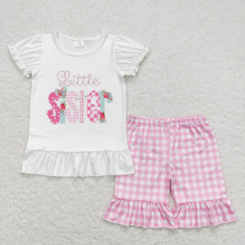 Match Baby Girls Little Big Sister Tee Shirts Ruffle Plaid Shorts Clothes Sets  D 5.26