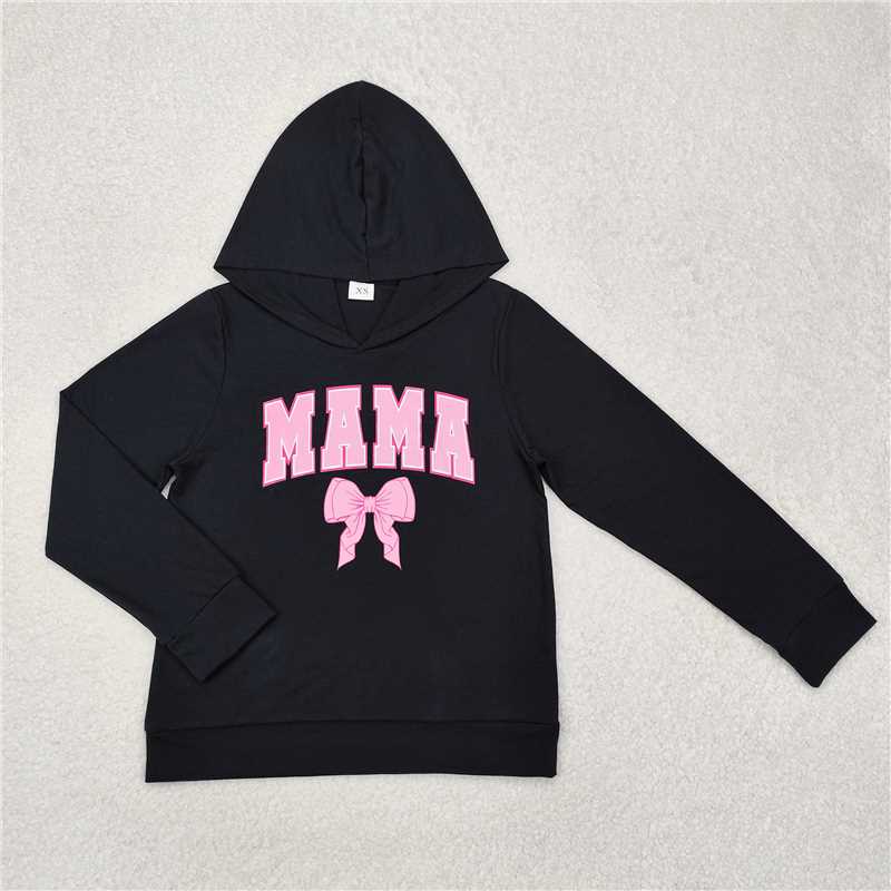 Mommy and Me Baby Girls Mini Mama Bow Black Hooded Tops