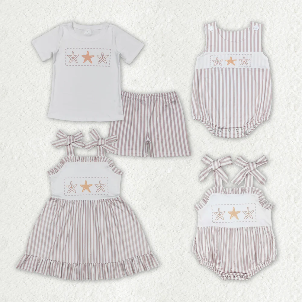 Match Baby Girls Boys Sibling Star Fish Stripes Dresses Sets