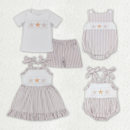 Match Baby Girls Boys Sibling Star Fish Stripes Dresses Sets