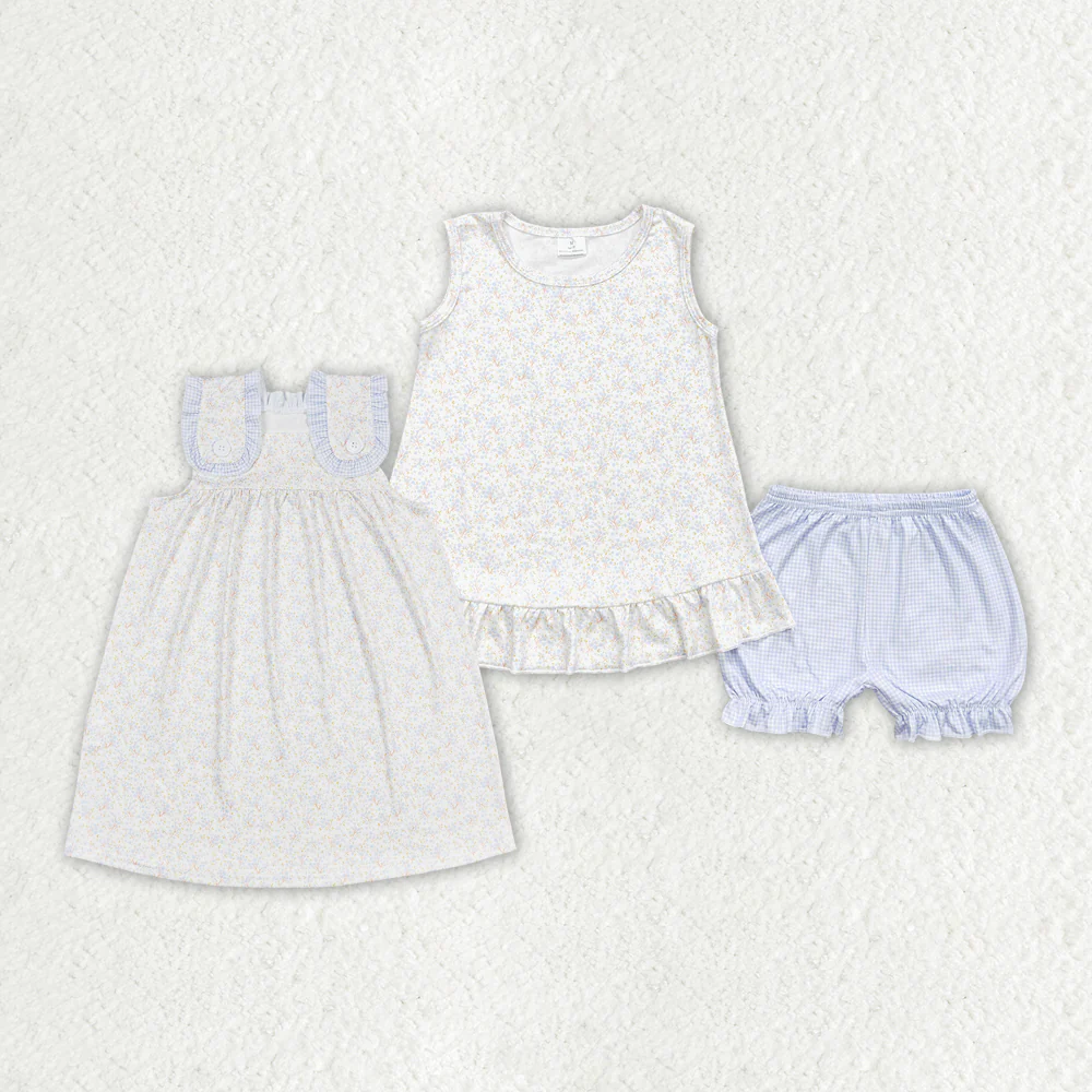 Match Baby Girls Blue Small Flowers Sibling Sister Clothes Sets Dresses