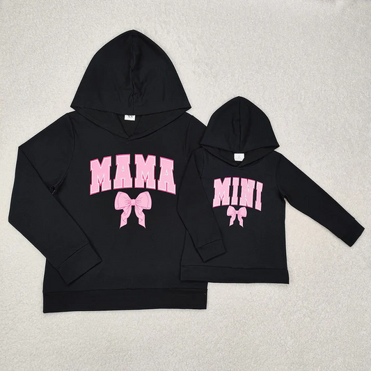 Mommy and Me Baby Girls Mini Mama Bow Black Hooded Tops