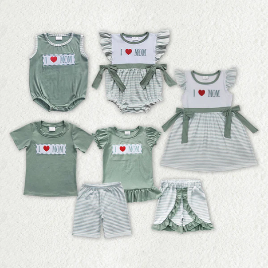 Match Mother's Day Girls Boys Green Sibling Rompers Clothes Sets