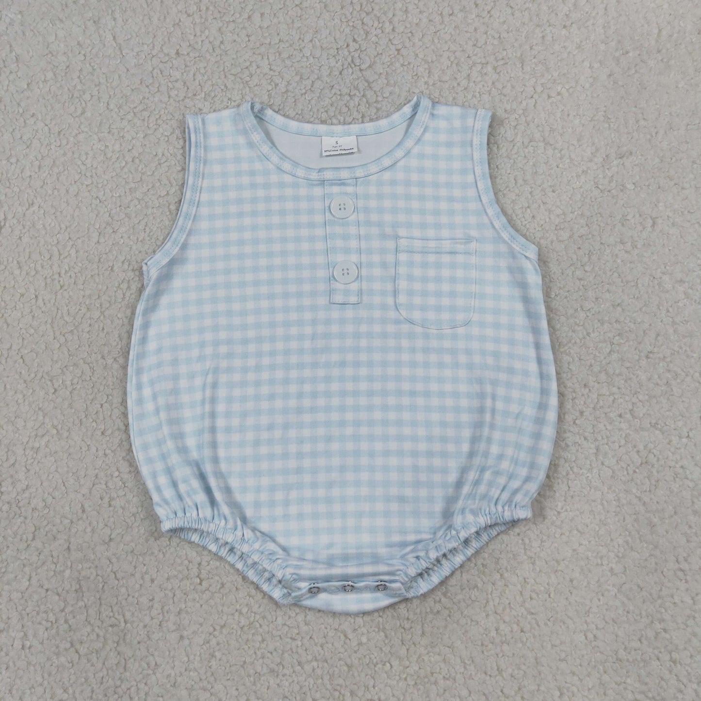 SR4232 sleeveless blue gingham bubble romper with pocket baby boy clothes