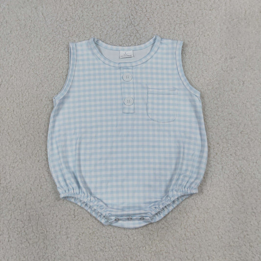 SR4232 sleeveless blue gingham bubble romper with pocket baby boy clothes