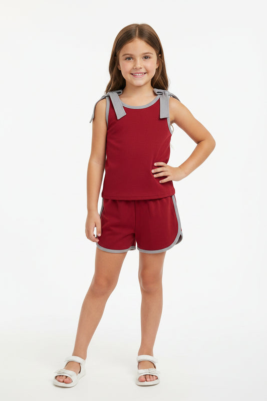 maroon grey bow shorts set summer girl clothing