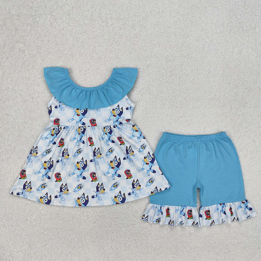 GSSO1886 Baby Girls Cartoon Dogs Tunic Ruffle Shorts Clothes Sets   D 3.13