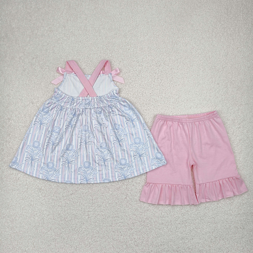 GSSO2429 Baby Girls Pink Strap Floral Stripe Tunic Ruffle Shorts Sets D 816