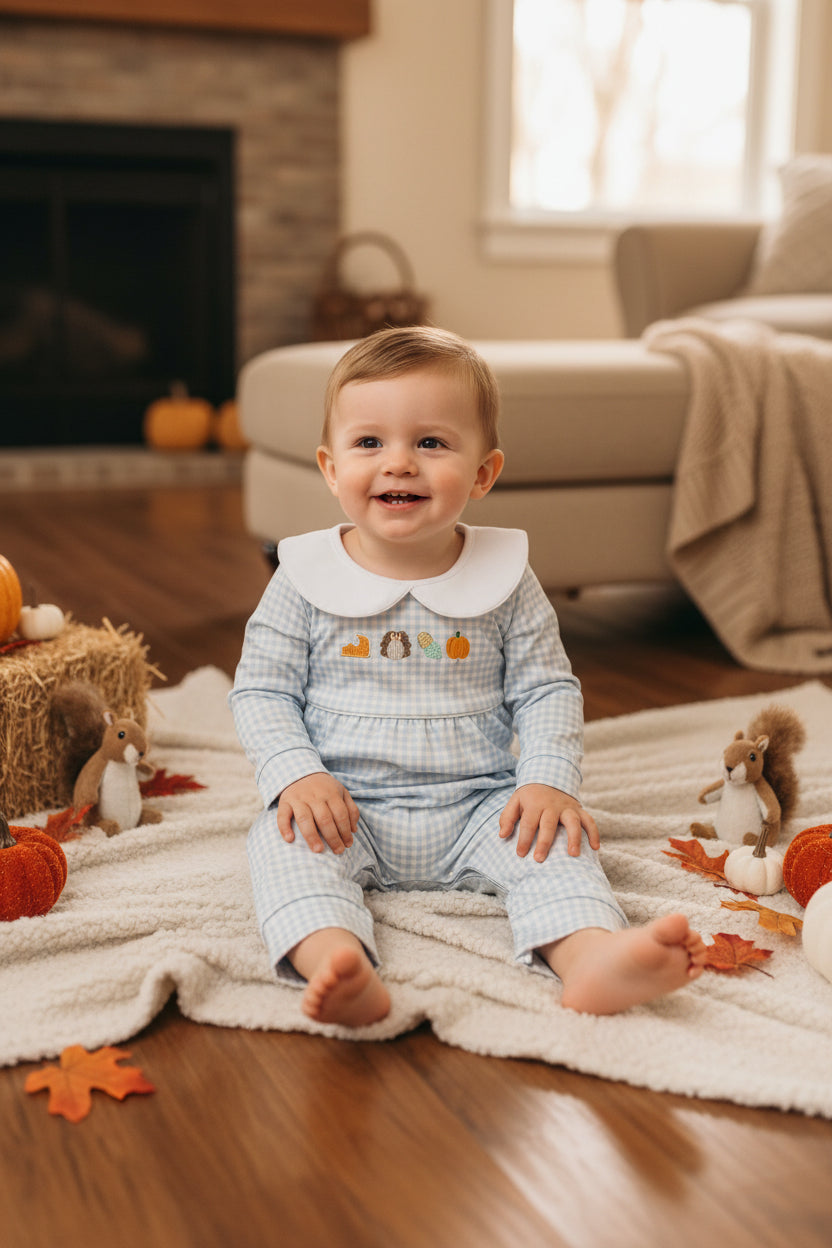 pie turkey embroidery gingham collared romper for boy