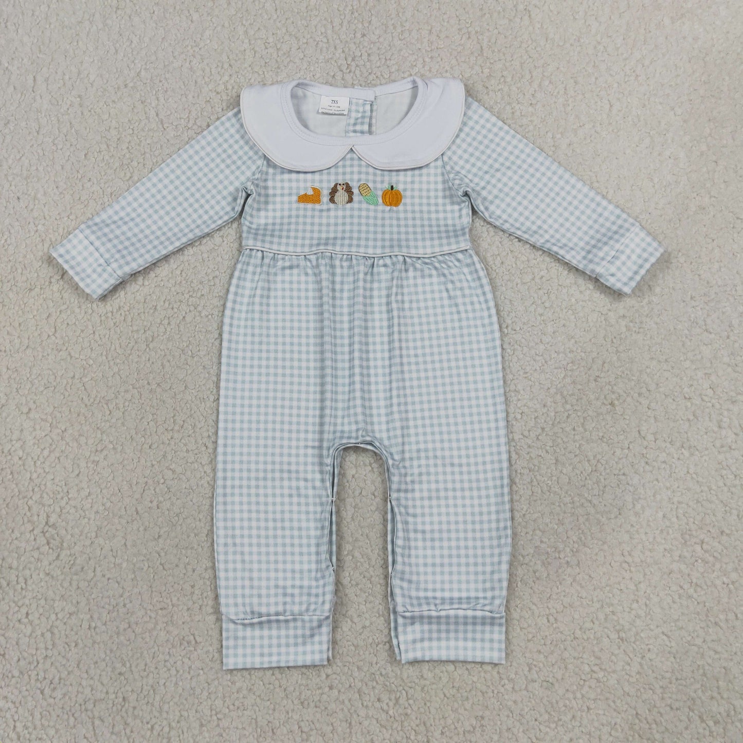 pie turkey embroidery gingham collared romper for boy