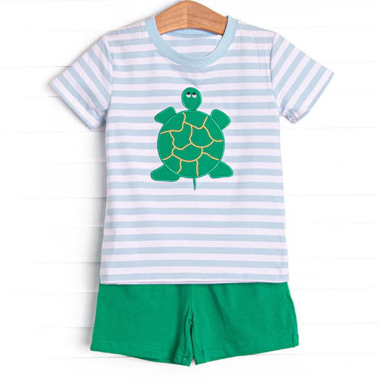 preorder BSSO0783 Turtle Stripe Short Sleeve Green Shorts Suit