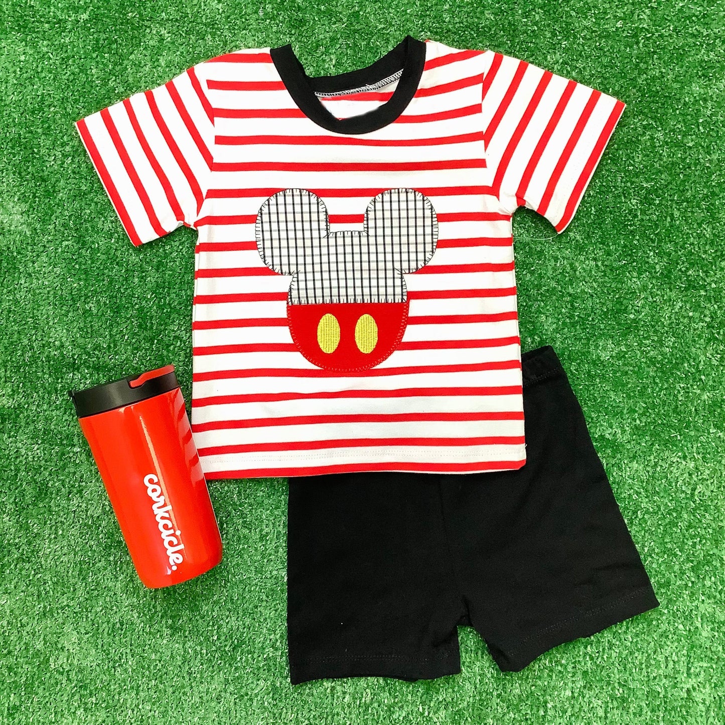BSSO0801 Cartoon red striped short sleeve black shorts suit