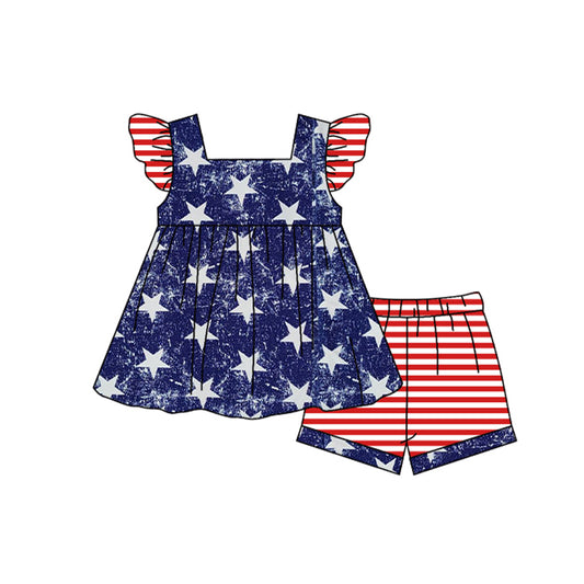 pre-order GSSO0941 National Day star red and white striped navy blue flying sleeve shorts suit