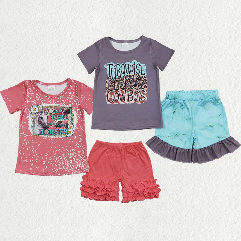 Match Baby Girls Western Horse Cowboy Shirts Ruffle Shorts Clothes Sets  D 5.26