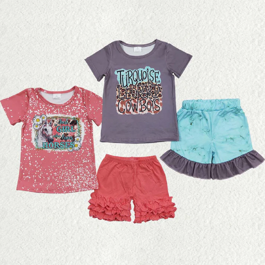 Match Baby Girls Western Horse Cowboy Shirts Ruffle Shorts Clothes Sets D 5.26