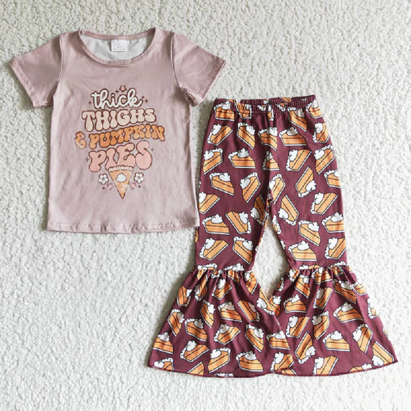 Match Baby Girls Pies Thanksgiving Shirt Bell Pants Outfits Sets D 6.16