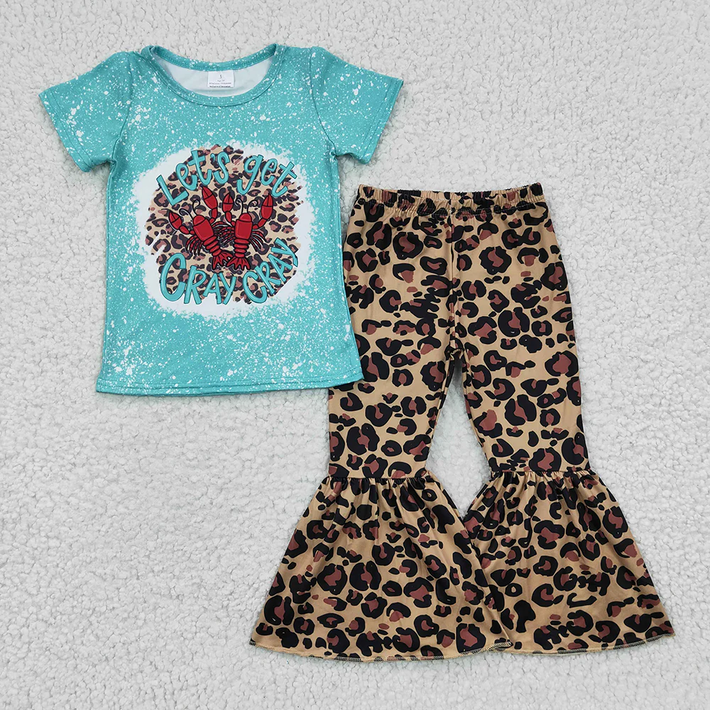 Match Baby Girls Crawfish Leopard Rompers Bell Bottoms Clothes Sets
