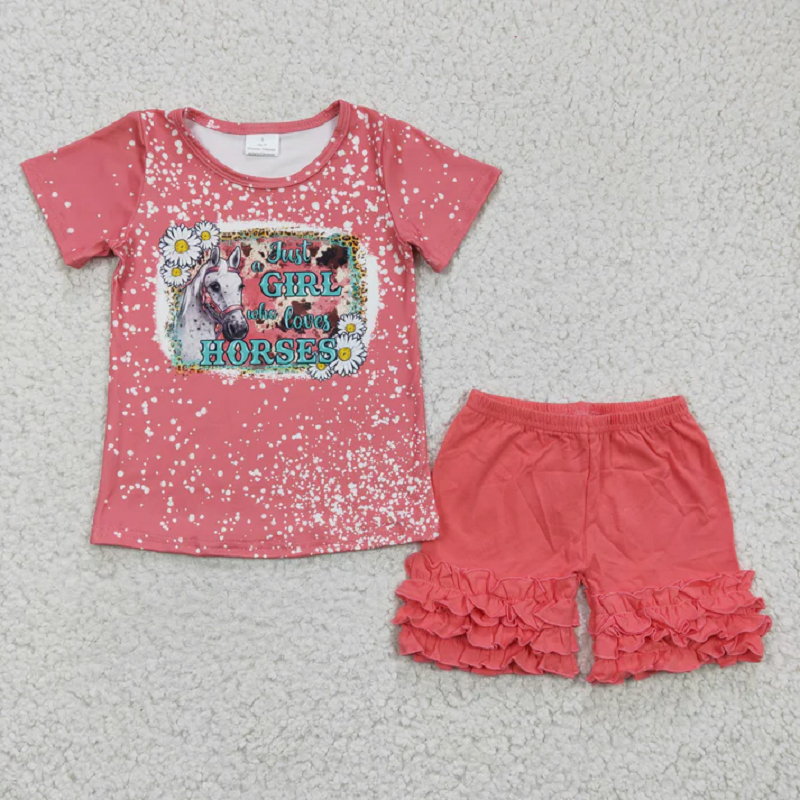 Match Baby Girls Western Horse Cowboy Shirts Ruffle Shorts Clothes Sets  D 5.26