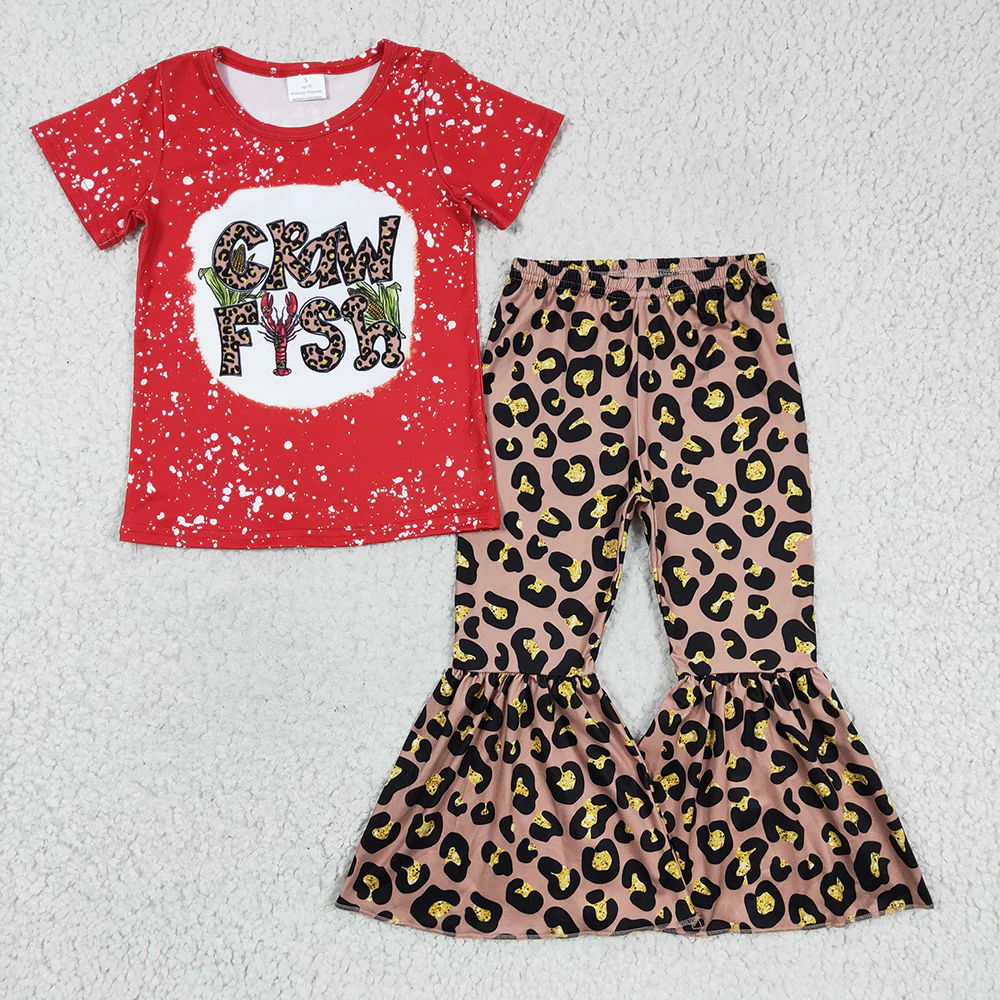 Match Baby Girls Crawfish Leopard Rompers Bell Bottoms Clothes Sets