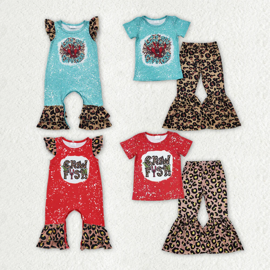 Match Baby Girls Crawfish Leopard Rompers Bell Bottoms Clothes Sets