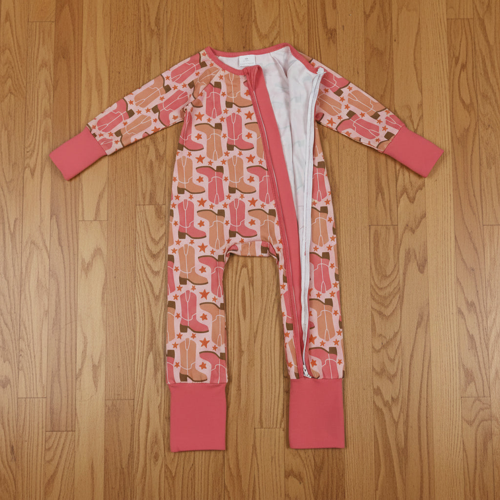 cowgirl boots print infant girl zipper sleeper