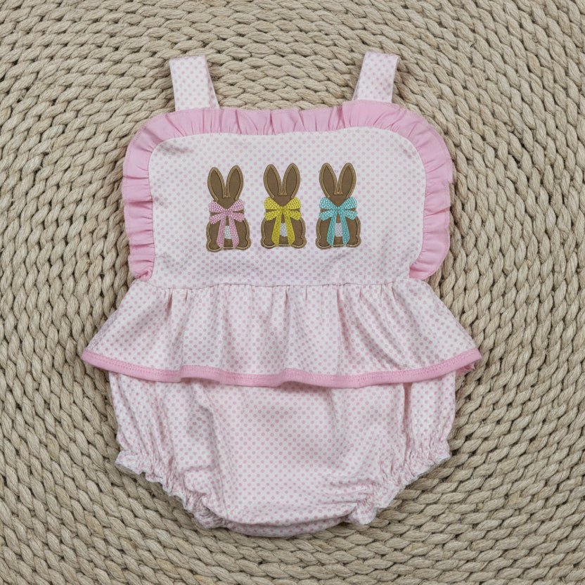 pink polk dots embroidery bunny romper baby girl playwear