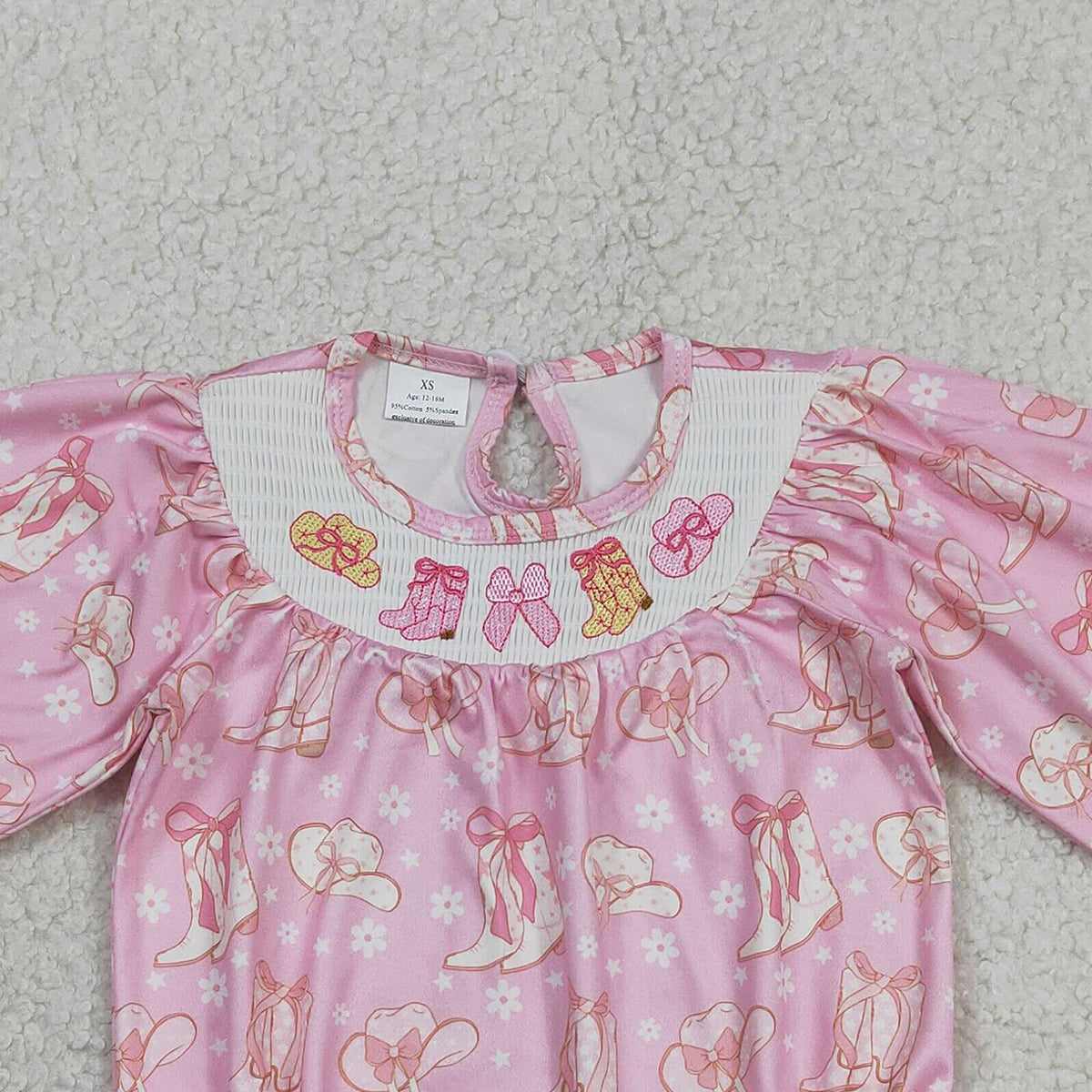 Baby Girls Western Ruffle Rompers Smocked Boots Bows Pink Flowers Design Cute Toddler Outfit