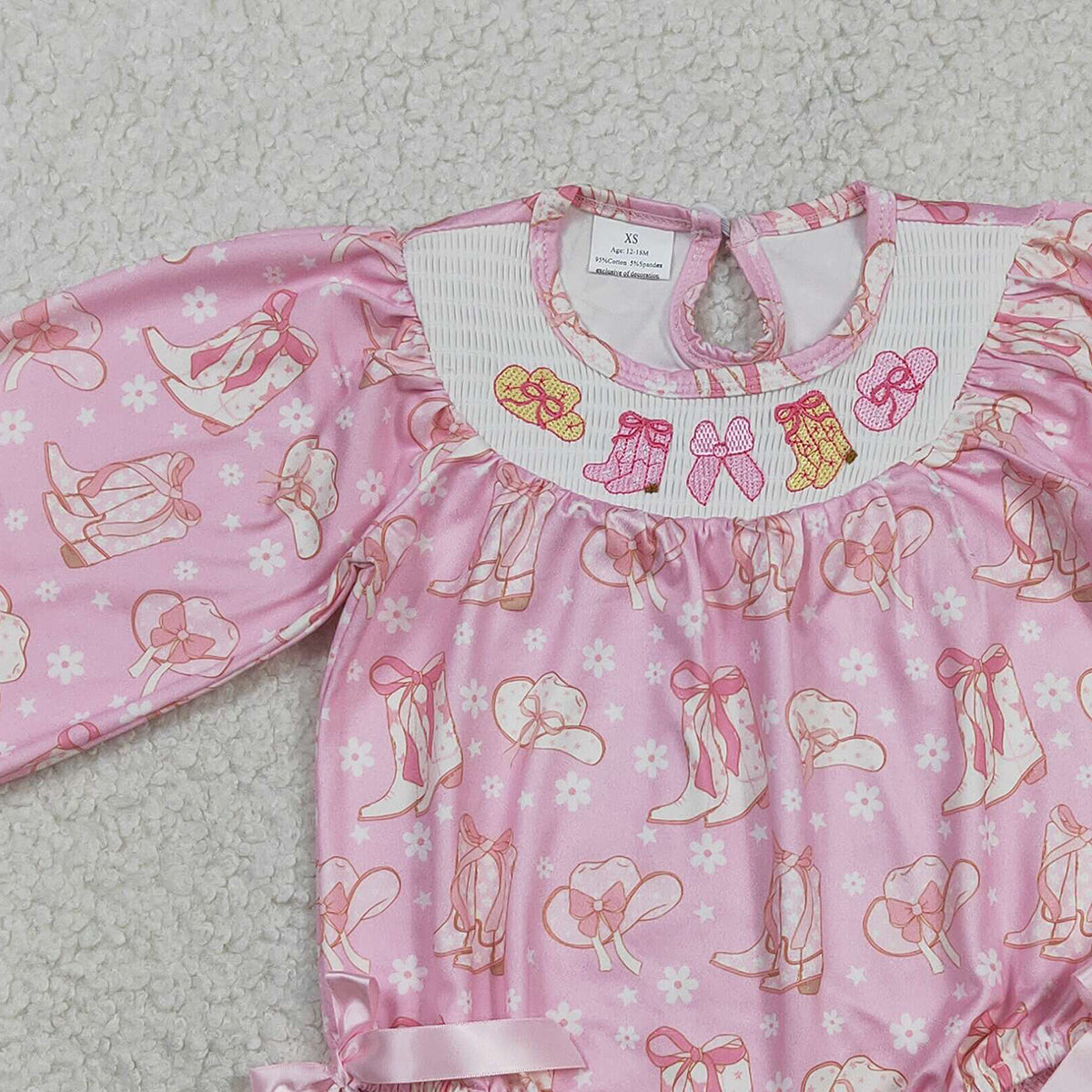 Baby Girls Western Ruffle Rompers Smocked Boots Bows Pink Flowers Design Cute Toddler Outfit
