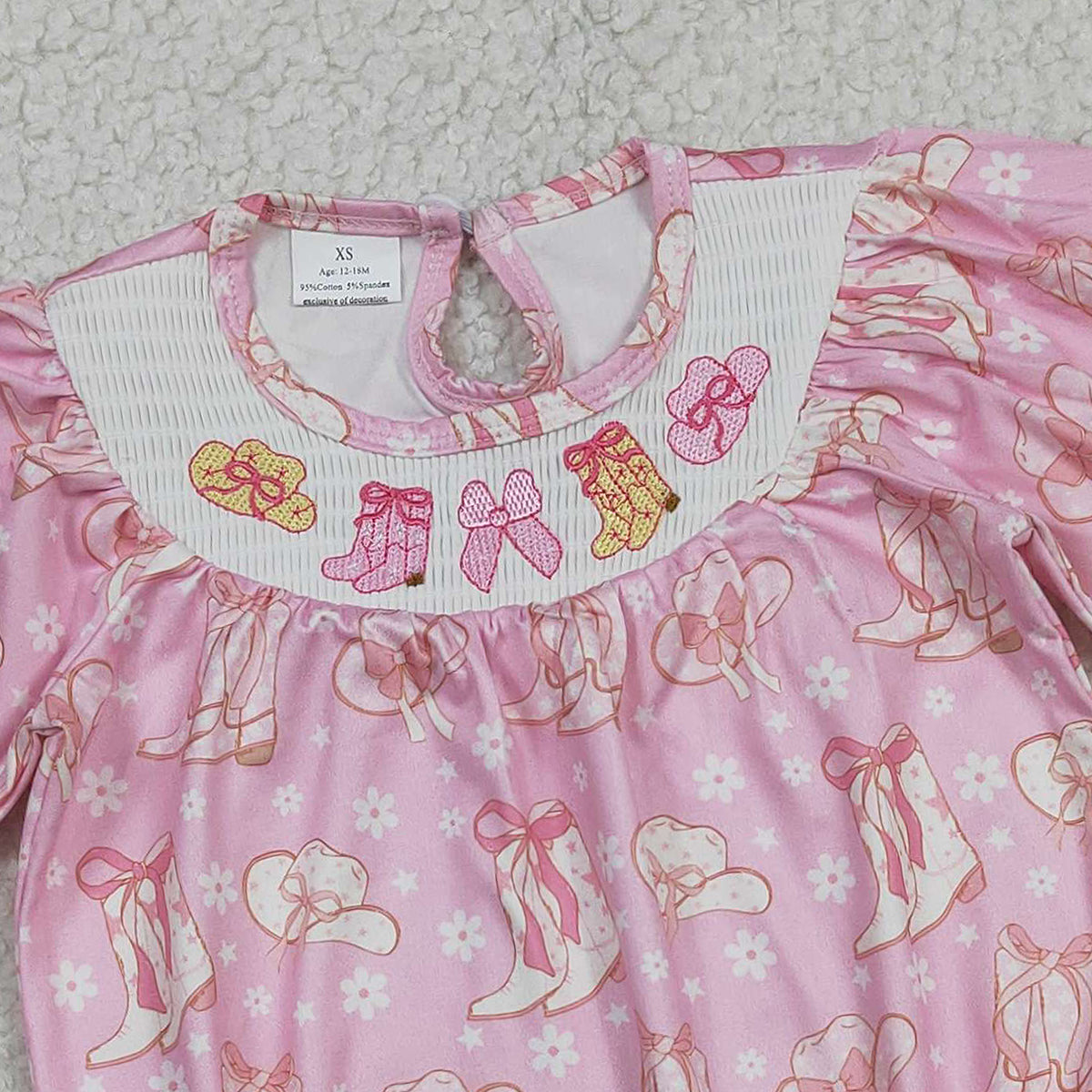 Baby Girls Western Ruffle Rompers Smocked Boots Bows Pink Flowers Design Cute Toddler Outfit